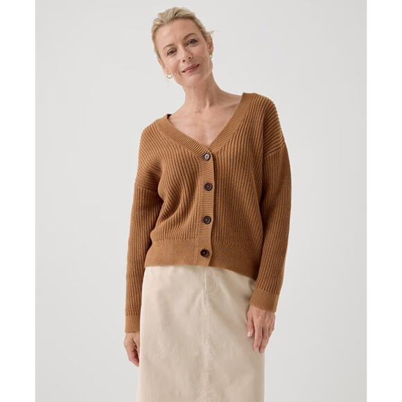 Pact Sweaters - NWT Pact Luxe Knit Cropped Cardigan Organic Cotton Camel V Button Front XL
